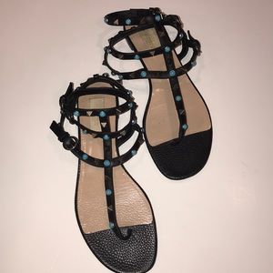 Valentino Black Leather Studded Gladiator Sandals with Turquoise Accents